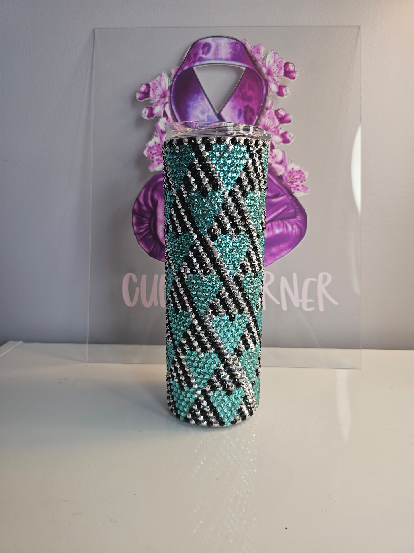 💎 Teal & Black Diamond Heart Rhinestone 20oz Tumbler – Glam Bling Cup