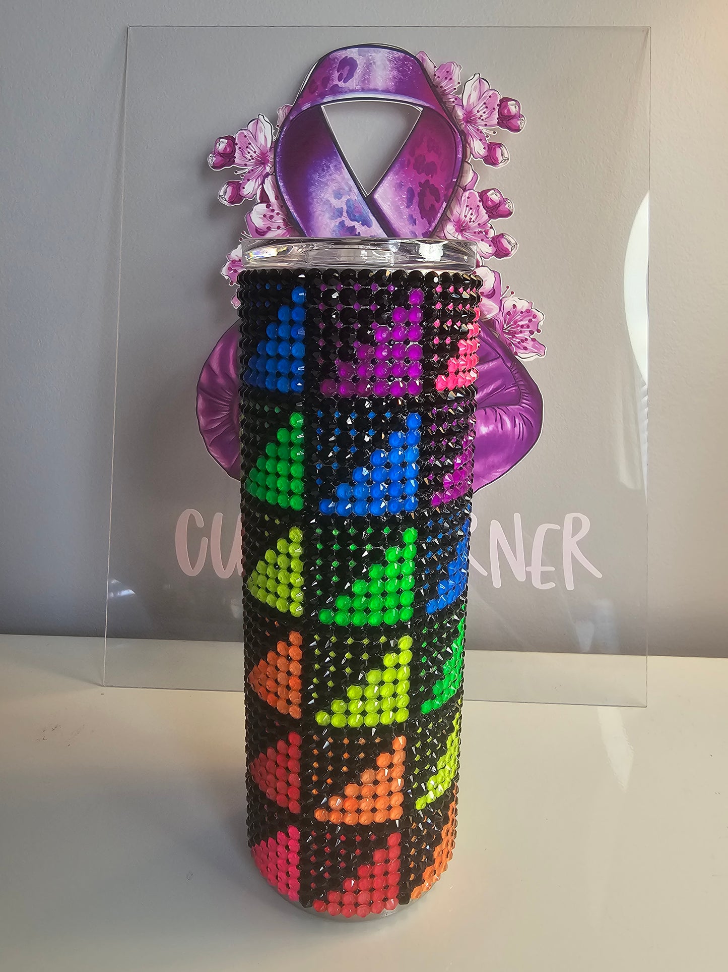 ✨ 20oz Neon Geometric Glass Rhinestone Tumbler – Handmade Bling Stainless Steel Cup ✨