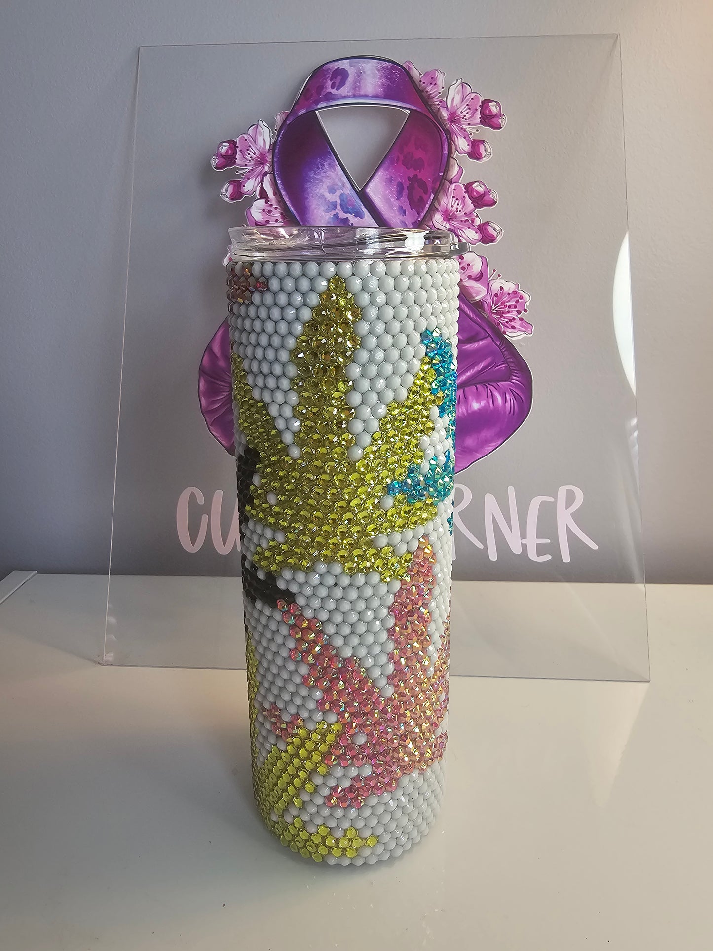 High Vibes Rhinestone Tumbler - 20 oz Bling Cannabis Leaf Cup