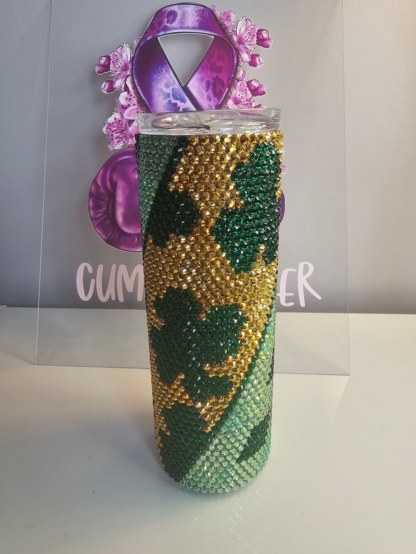 Green & Gold Rhinestone 20oz Tumbler - Shamrock Sparkle Cup