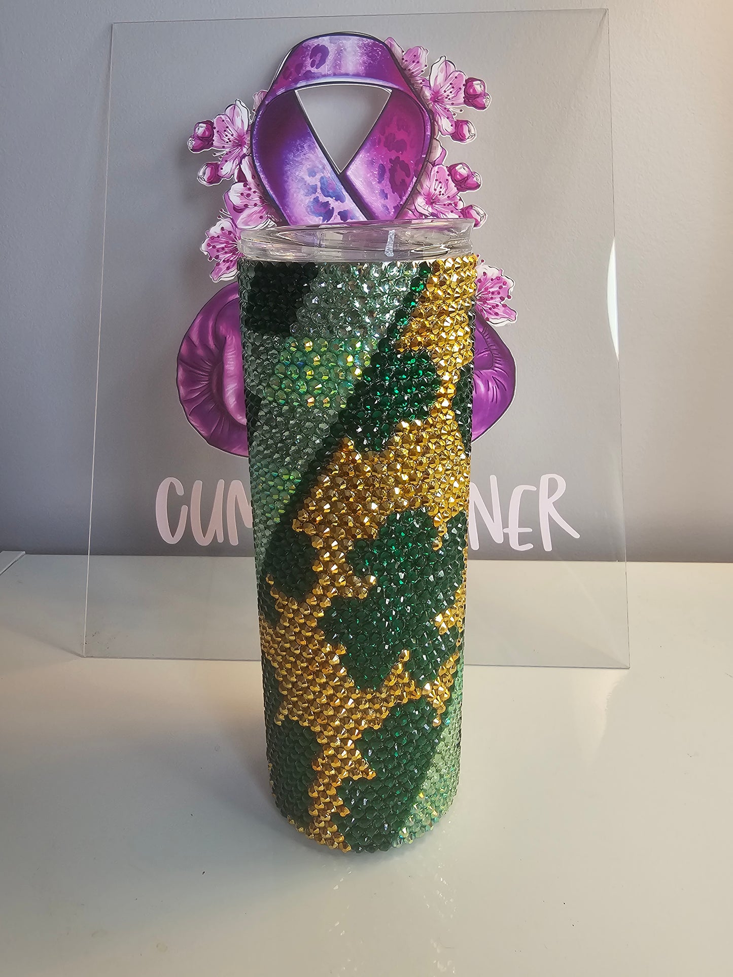 Green & Gold Rhinestone 20oz Tumbler - Shamrock Sparkle Cup