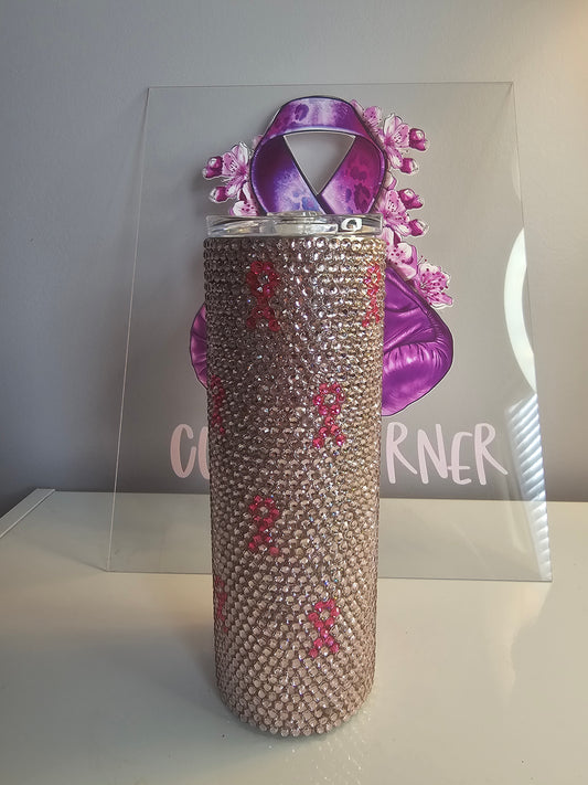 💗 Pink Awareness Rhinestone 20oz Tumbler – Breast Cancer Ribbon Cup
