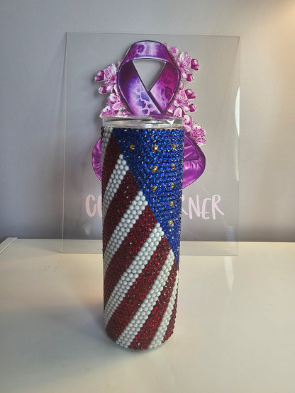 US Patriotic Rhinestone 20oz Tumbler – Red, White & Blue American Flag Cup