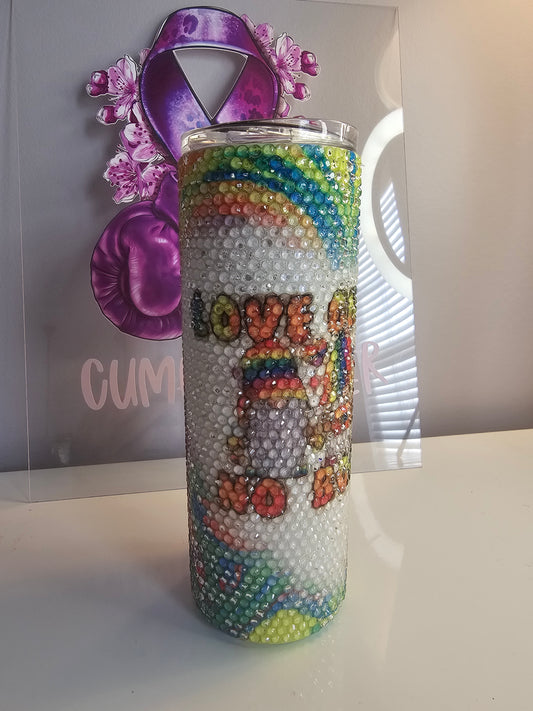 🌈 Rainbow Gnome Rhinestone 20oz Tumbler – “Love Gnome” Bling Cup