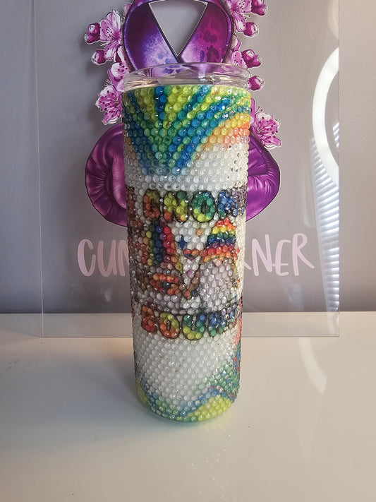🌈 Rainbow Gnome Rhinestone 20oz Tumbler – “Love Gnome” Bling Cup