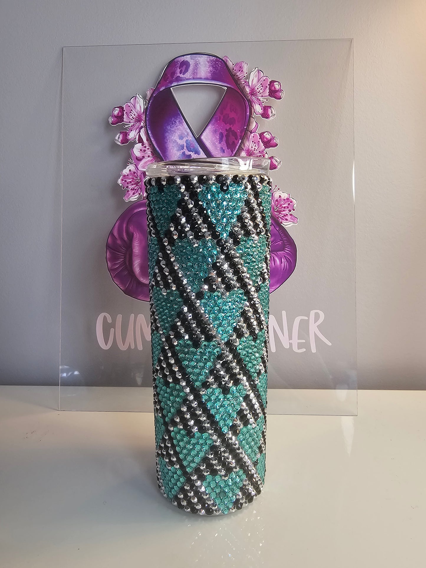 💎 Teal & Black Diamond Heart Rhinestone 20oz Tumbler – Glam Bling Cup