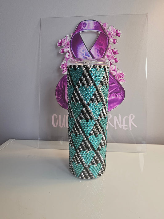 💎 Teal & Black Diamond Heart Rhinestone 20oz Tumbler – Glam Bling Cup