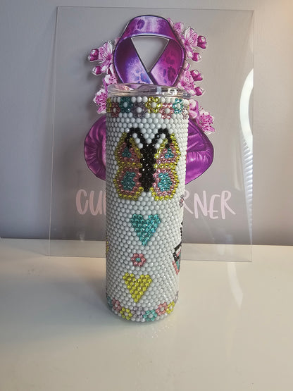 🦋 Butterfly & Hearts Rhinestone 20oz Tumbler – Pastel Sparkle Cup