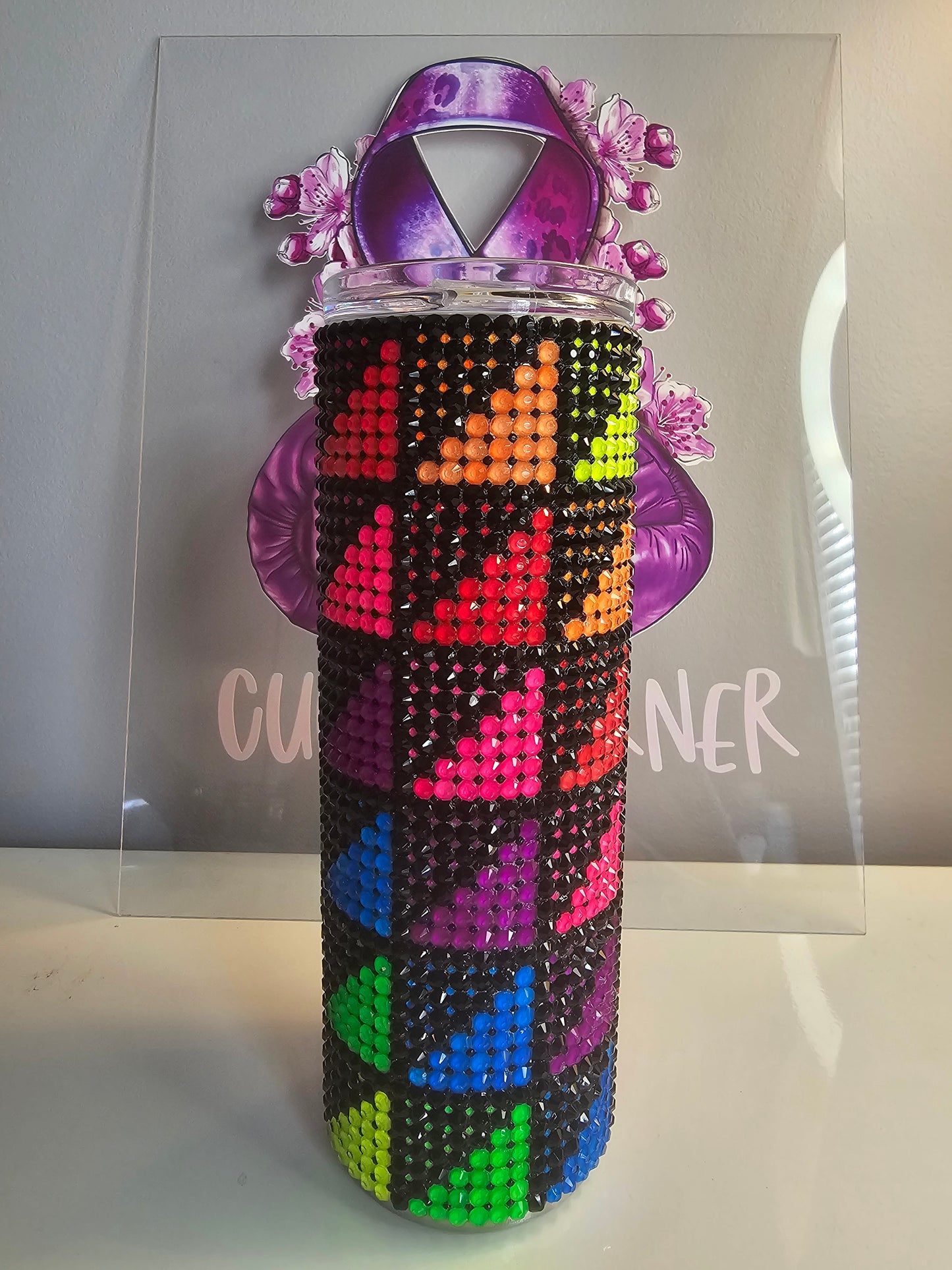 ✨ 20oz Neon Geometric Glass Rhinestone Tumbler – Handmade Bling Stainless Steel Cup ✨