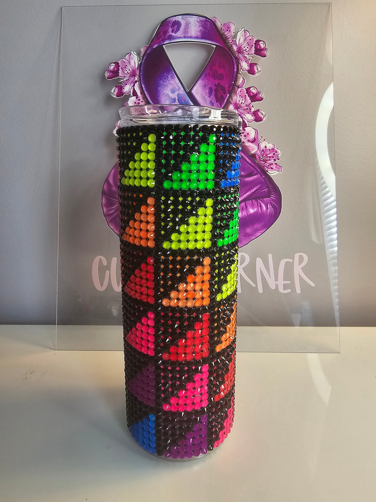✨ 20oz Neon Geometric Glass Rhinestone Tumbler – Handmade Bling Stainless Steel Cup ✨