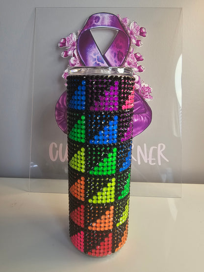 ✨ 20oz Neon Geometric Glass Rhinestone Tumbler – Handmade Bling Stainless Steel Cup ✨