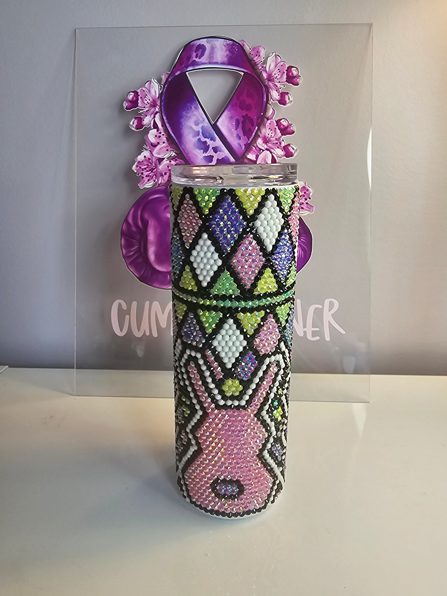 🐰 20oz Bunny Rhinestone Tumbler – Pastel Harlequin Bling Stainless Steel Cup