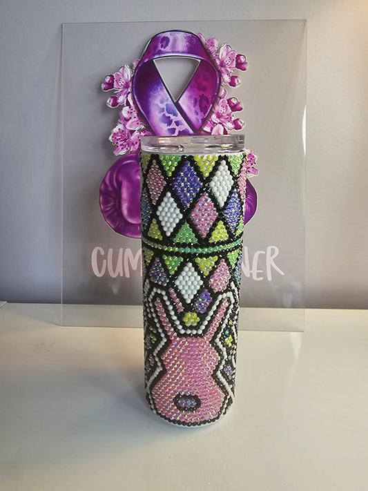 🐰 20oz Bunny Rhinestone Tumbler – Pastel Harlequin Bling Stainless Steel Cup