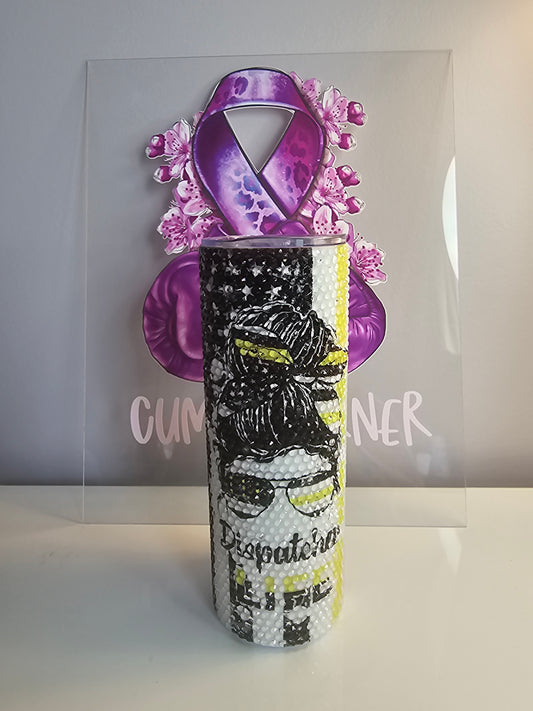 💛 20oz Dispatcher Life Clear Rhinestone Tumbler – Black, White & Yellow Bling Stainless Steel Cup 💎