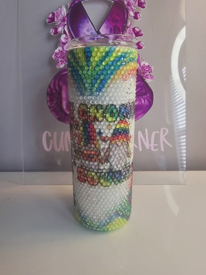 🌈 Rainbow Gnome Rhinestone 20oz Tumbler – “Love Gnome” Bling Cup