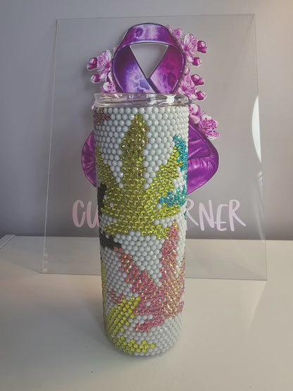 High Vibes Rhinestone Tumbler - 20 oz Bling Cannabis Leaf Cup